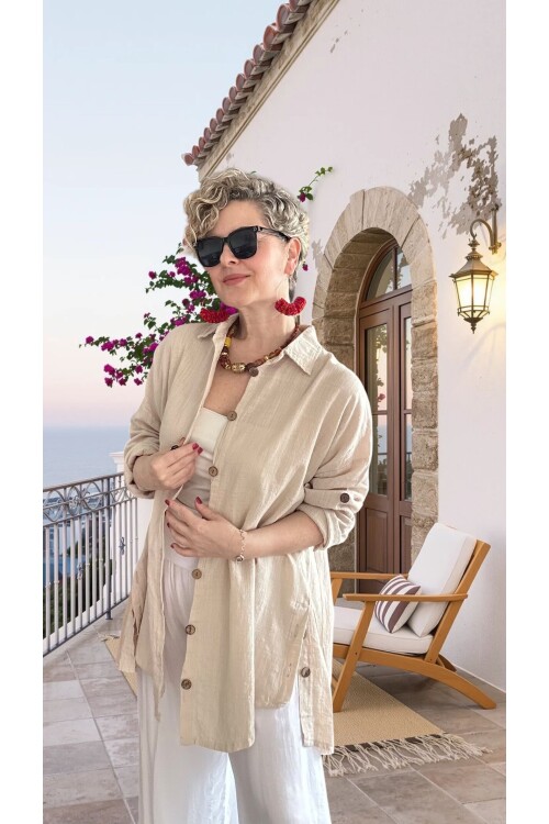 Clara Yan Düğme Detaylı Pamuklu Truvakar Tunik Gömlek Taş