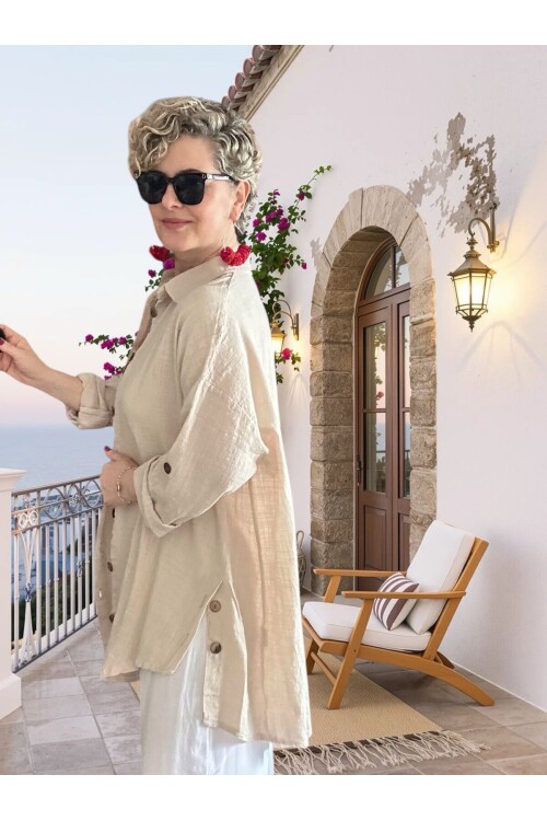 Clara Yan Düğme Detaylı Pamuklu Truvakar Tunik Gömlek Taş