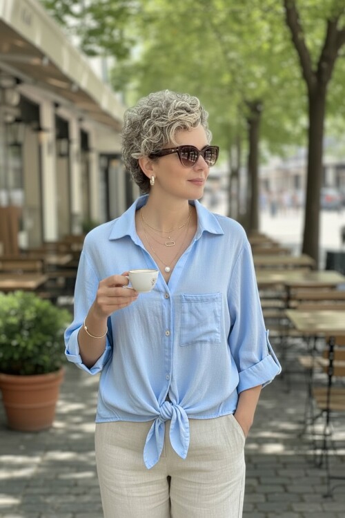 Della Sırt Brode İşlemeli İthal Keten Gömlek Bebe Mavi