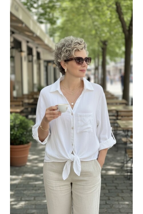 Della Sırt Brode İşlemeli İthal Keten Gömlek Beyaz