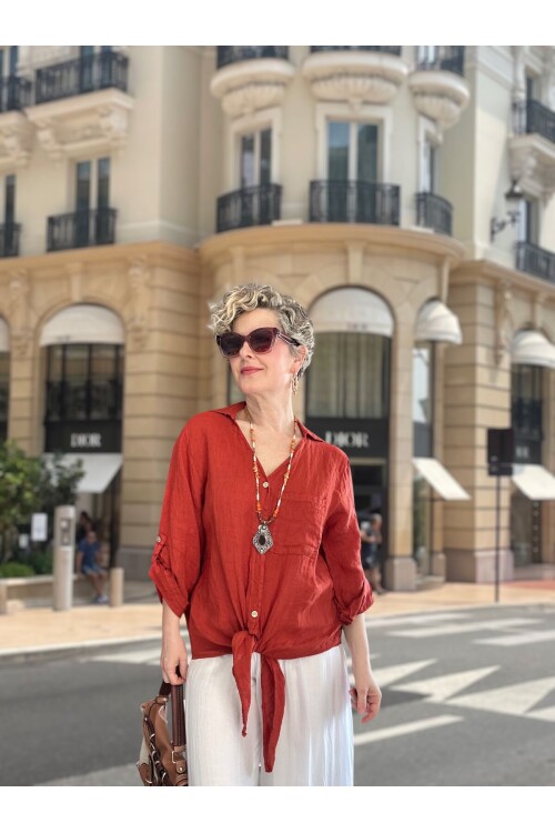 Della Sırt Brode İşlemeli İthal Keten Gömlek Kiremit