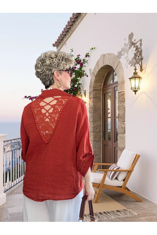 Della Sırt Brode İşlemeli İthal Keten Gömlek Kiremit