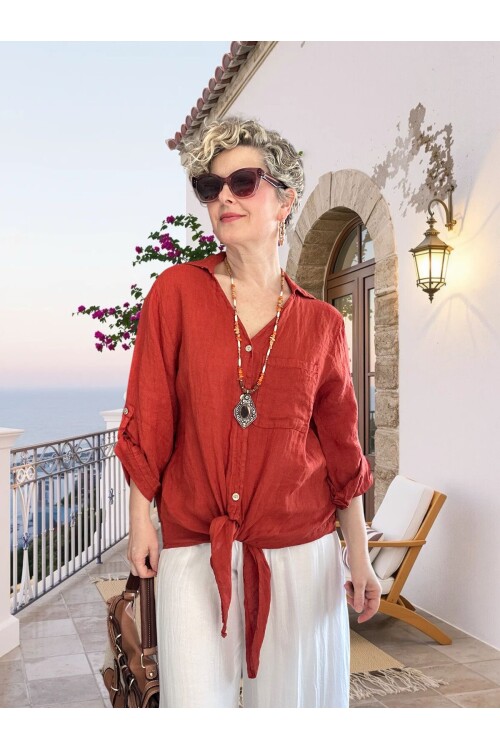 Della Sırt Brode İşlemeli İthal Keten Gömlek Kiremit