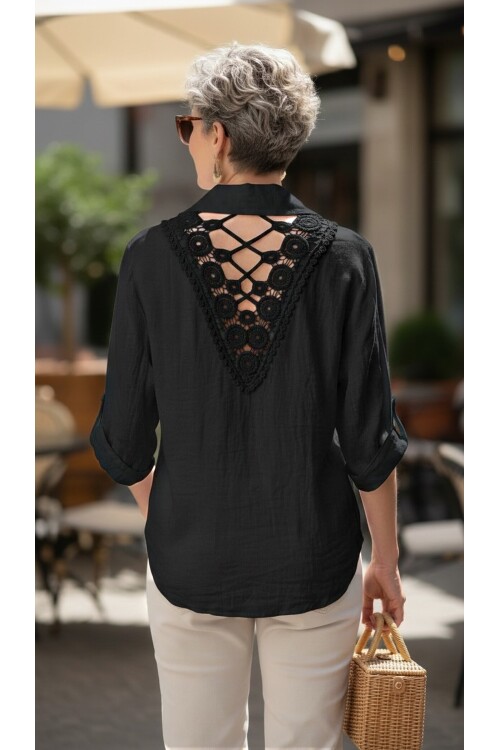 Della Sırt Brode İşlemeli İthal Keten Gömlek Siyah