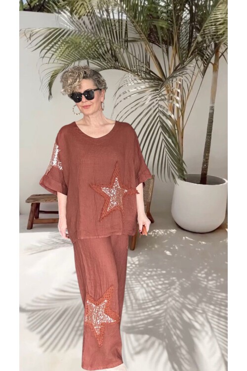 Dolce | Payet Yıldız Detaylı %100 Linen İkili Takım Cinnamon