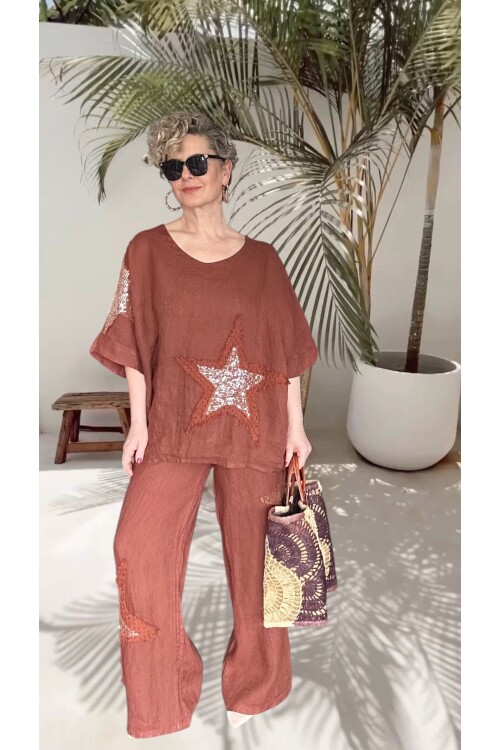 Dolce | Payet Yıldız Detaylı %100 Linen İkili Takım Cinnamon