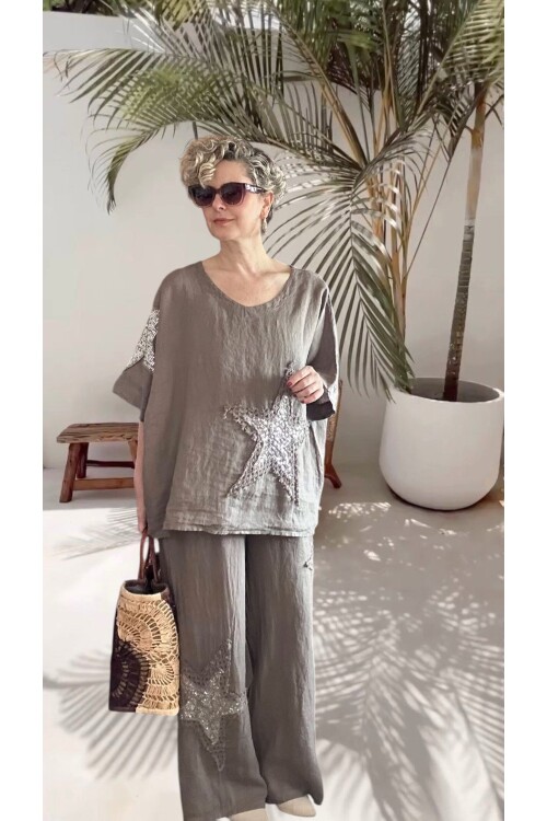 Dolce | Payet Yıldız Detaylı %100 Linen İkili Takım Fango