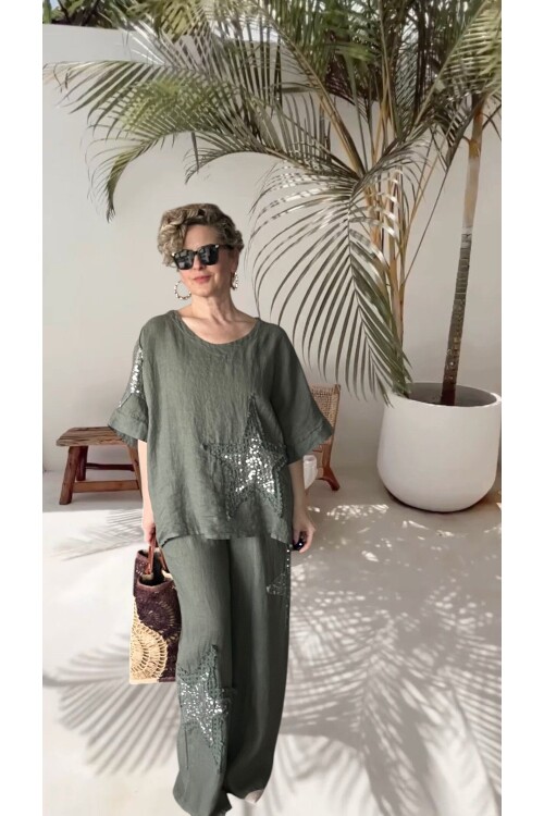 Dolce | Payet Yıldız Detaylı %100 Linen İkili Takım Military