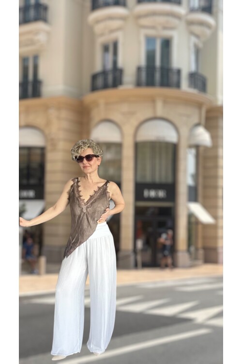 Dussi İtalyan Tasarım İpek Pantolon Beyaz