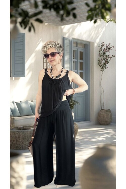 Dussi İtalyan Tasarım İpek Pantolon Siyah