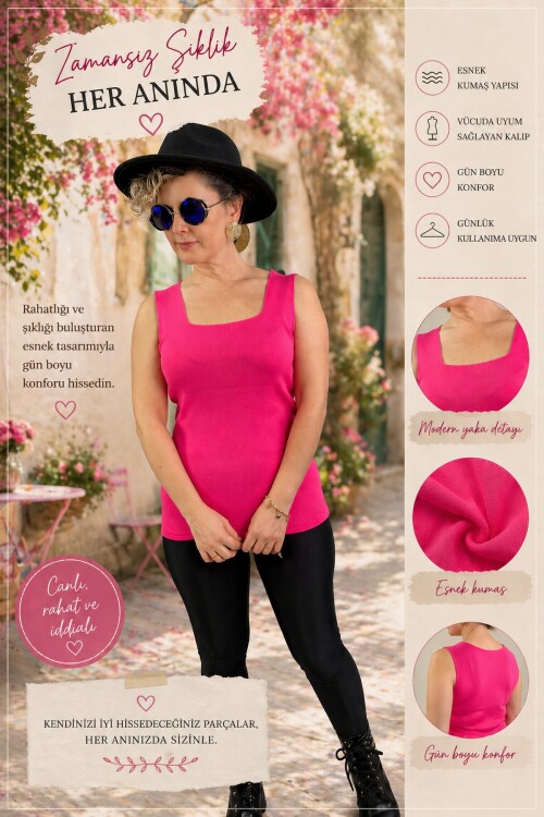 Esline Pembe Kare Yaka Dört Mevsim Triko Atlet