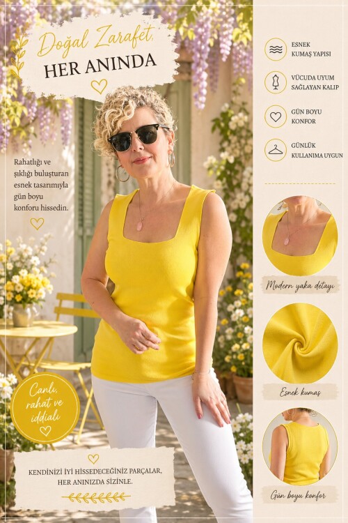 Esline Sarı Kare Yaka Dört Mevsim Triko Atlet