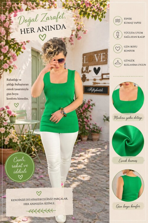 Esline YEŞİL Kare Yaka Dört Mevsim Triko Atlet