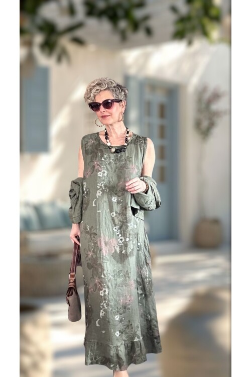 Esse İthal %100 Linen Ceket & Kolsuz Elbise Takımı Haki