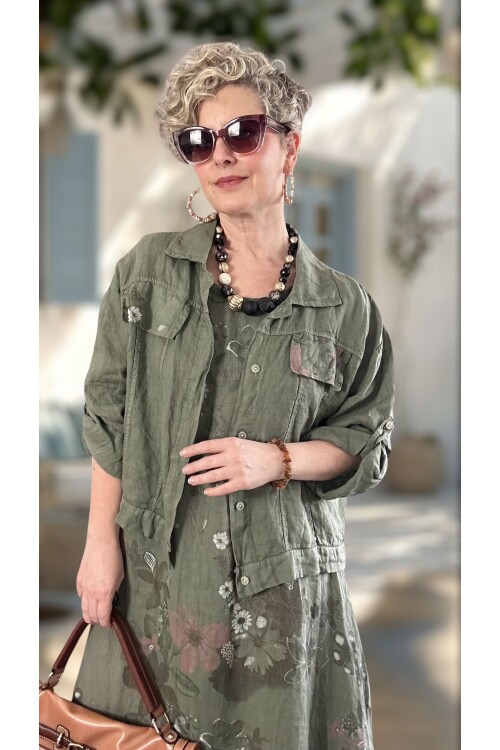 Esse İthal %100 Linen Ceket & Kolsuz Elbise Takımı Haki