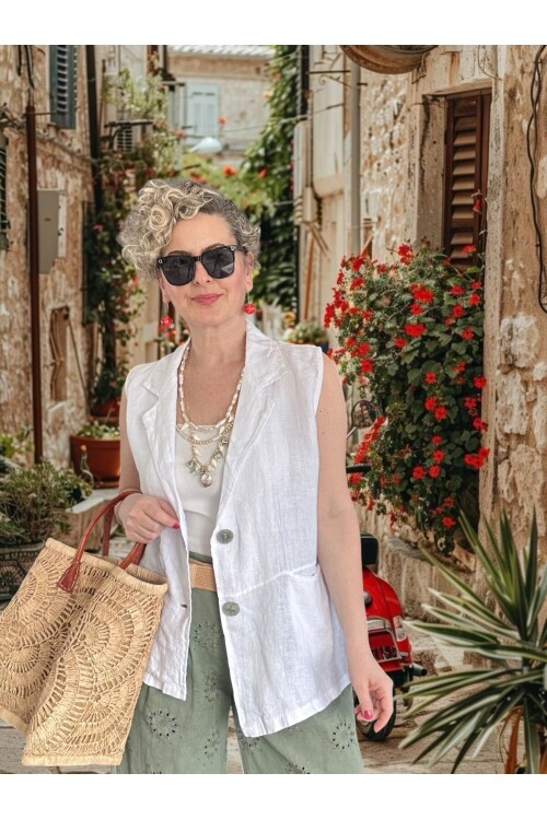 Estee %100 Linen Asimetrik Kesim Blazer Yelek Beyaz