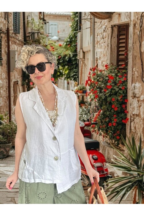 Estee %100 Linen Asimetrik Kesim Blazer Yelek Beyaz