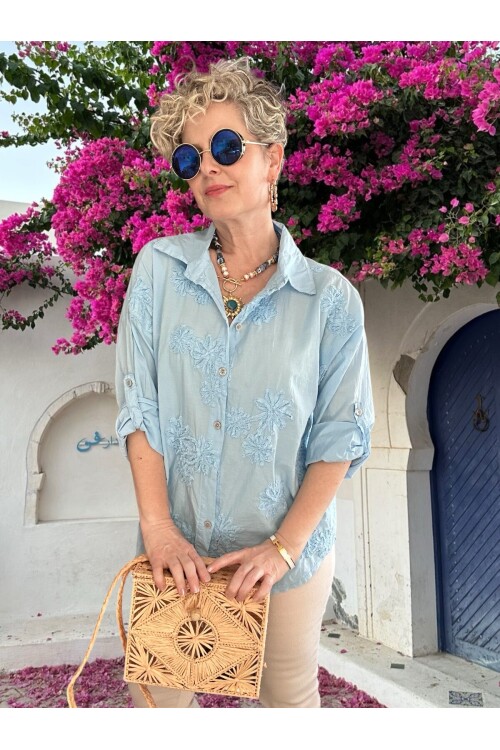 Eyyo İtalyan Dolgu Çiçek Desen Gömlek Bebe Mavi