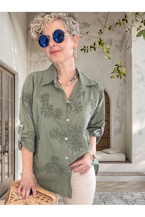 Eyyo İtalyan Dolgu Çiçek Desen Gömlek Haki Yeşil