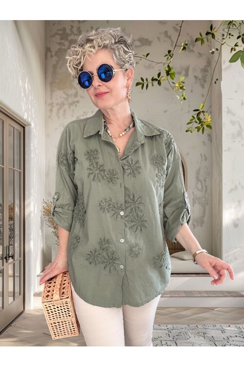 Eyyo İtalyan Dolgu Çiçek Desen Gömlek Haki Yeşil