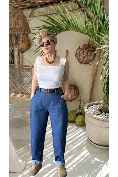 Facci İthal Kemer Detaylı Yüksek Bel Kot Pantolon İndigo