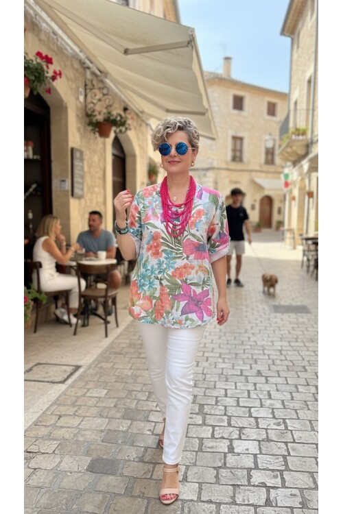 Felli Zambak Desen Desenli İtalyan Gömlek Beyaz