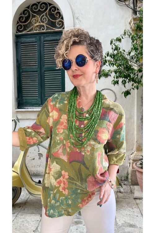 Felli Zambak Desen Desenli İtalyan Gömlek Yağ Yeşil