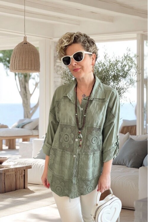 Ferru İtalyan Fisto Kare Çiçek Desen Gömlek Haki