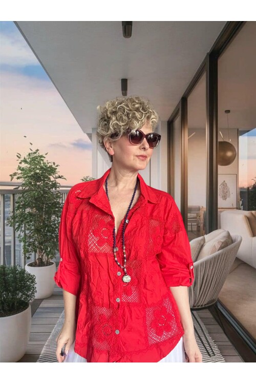 Ferru İtalyan Fisto Kare Çiçek Desen Gömlek Kırmızı