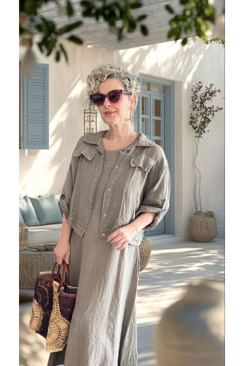 Fisso %100 Linen Kolsuz Elbise & Cep Pul Detaylı Ceket Takım Fango