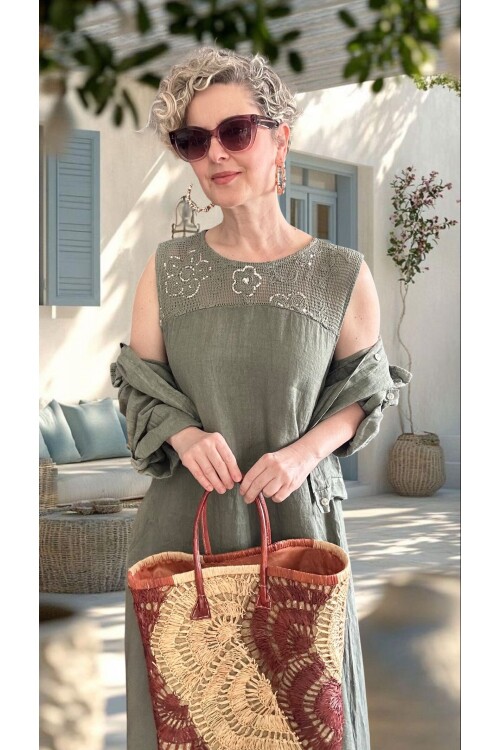 Fisso %100 Linen Kolsuz Elbise & Cep Pul Detaylı Ceket Takım Haki