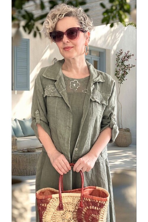 Fisso %100 Linen Kolsuz Elbise & Cep Pul Detaylı Ceket Takım Haki