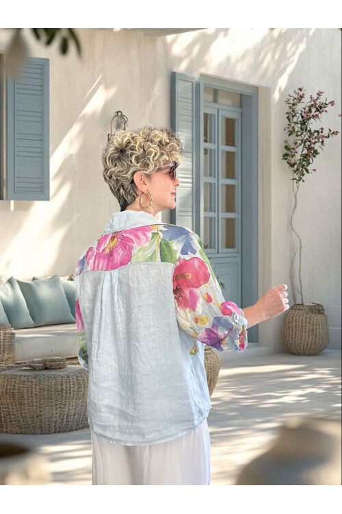 Flora İtalyan Floral Desenli Bağlamalı Linen Gömlek Bebe Mavi