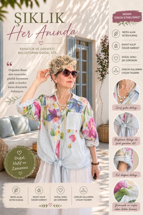 Flora İtalyan Floral Desenli Bağlamalı Linen Gömlek Bebe Mavi