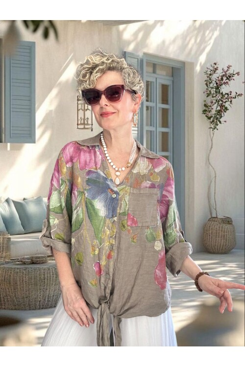 Flora İtalyan Floral Desenli Bağlamalı Linen Gömlek Fango