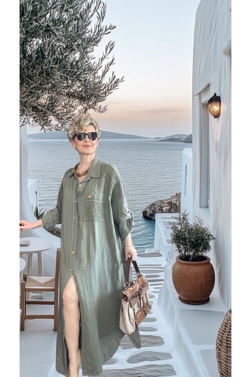 Gepetto İthal Saf Keten Fisto Detaylı Gömlek Elbise Haki Yeşil
