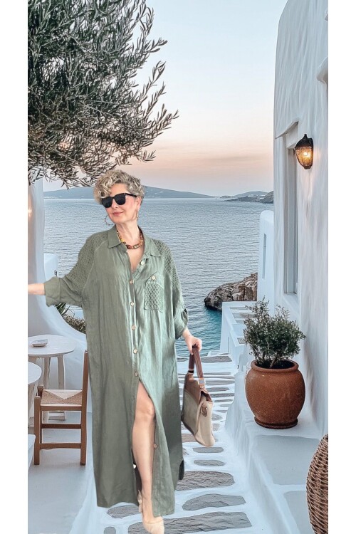 Gepetto İthal Saf Keten Fisto Detaylı Gömlek Elbise Haki Yeşil