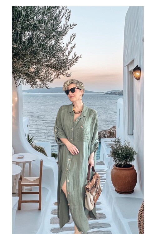 Gepetto İthal Saf Keten Fisto Detaylı Gömlek Elbise Haki Yeşil