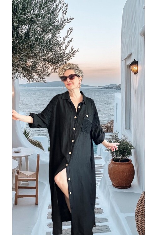 Gepetto İthal Saf Keten Fisto Detaylı Gömlek Elbise Siyah