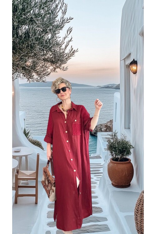 Gepetto İthal Saf Keten Fisto Detaylı Gömlek Elbise Vişne Çürüğü