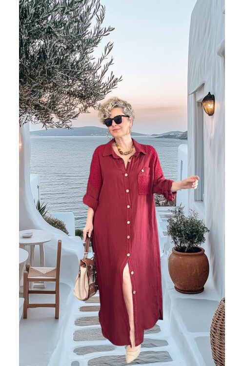 Gepetto İthal Saf Keten Fisto Detaylı Gömlek Elbise Vişne Çürüğü