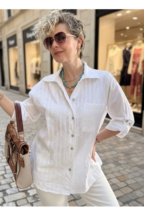 Gesso İtalyan Çiçek Fisto Detay Gömlek Beyaz