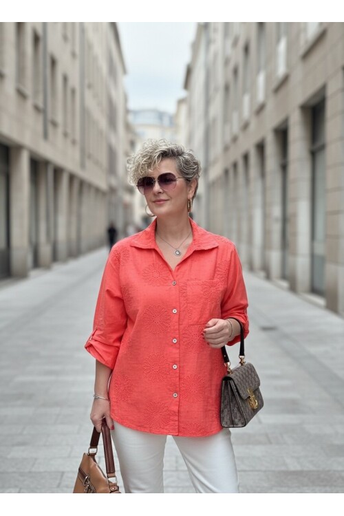 Gesso İtalyan Çiçek Fisto Detay Gömlek Mercan