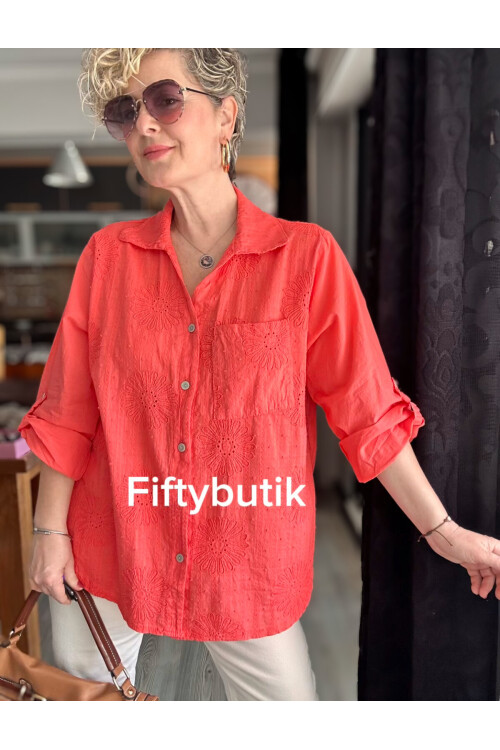 Gesso İtalyan Çiçek Fisto Detay Gömlek Mercan