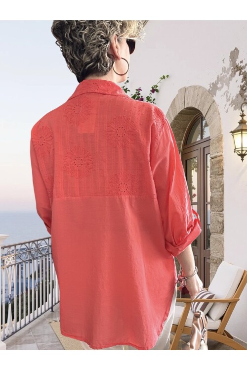 Gesso İtalyan Çiçek Fisto Detay Gömlek Mercan