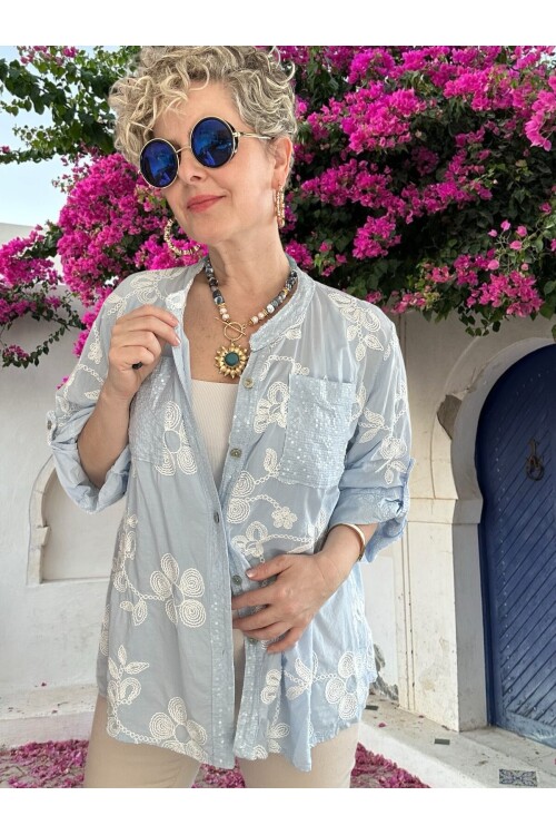 Getto İtalyan Çiçek Brode Detaylı Pamuk Gömlek Bebe Mavi