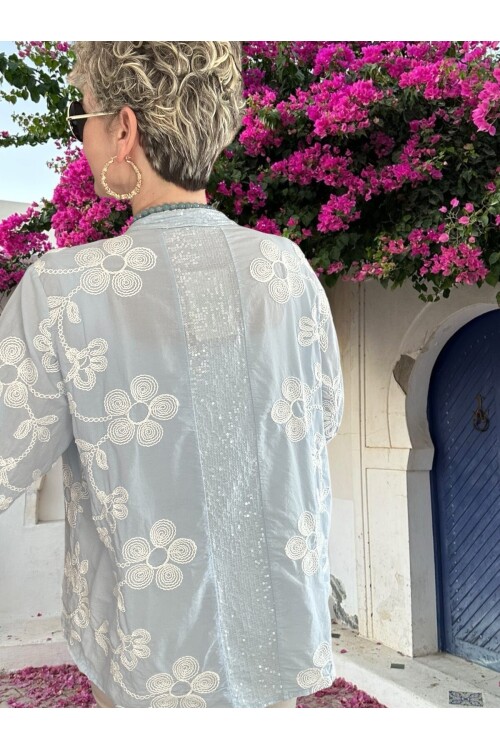 Getto İtalyan Çiçek Brode Detaylı Pamuk Gömlek Bebe Mavi