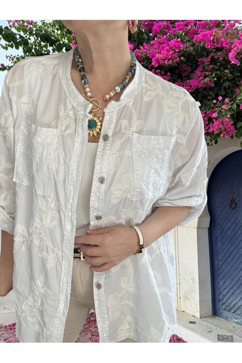 Getto İtalyan Çiçek Brode Detaylı Pamuk Gömlek Beyaz