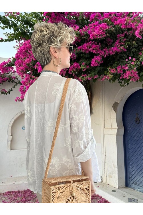 Getto İtalyan Çiçek Brode Detaylı Pamuk Gömlek Beyaz