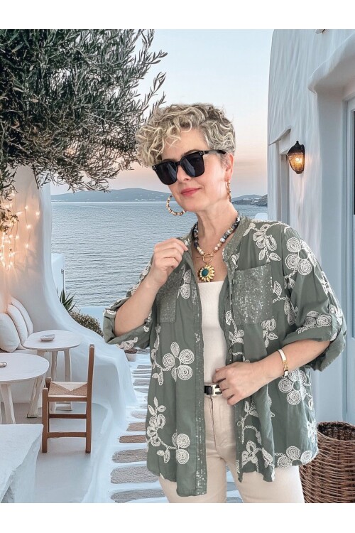 Getto İtalyan Çiçek Brode Detaylı Pamuk Gömlek Haki